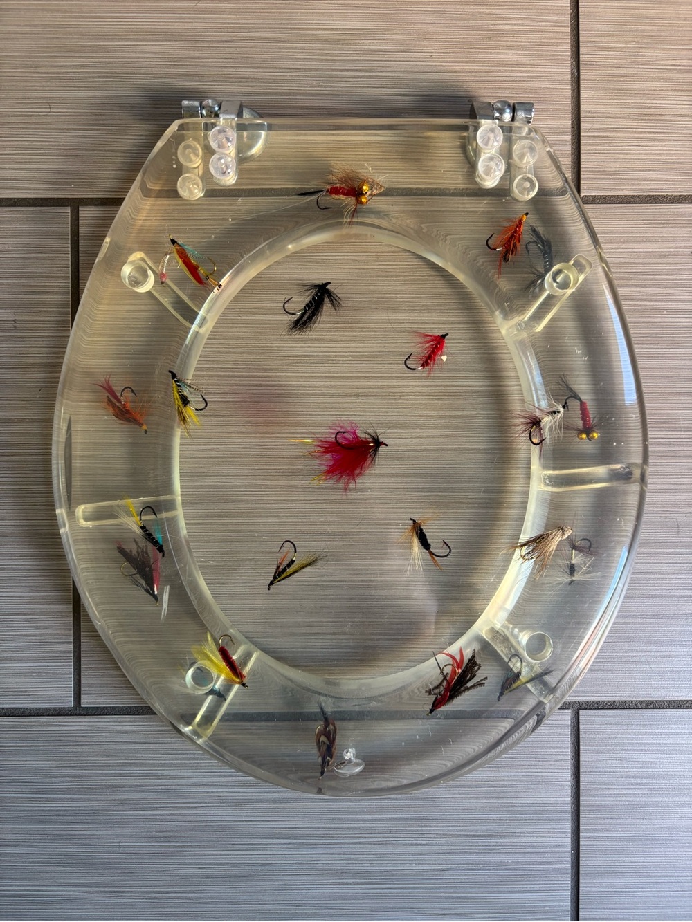 Vintage Clear Resin Lucite Toilet Seat embedded Fishing Flies Lures